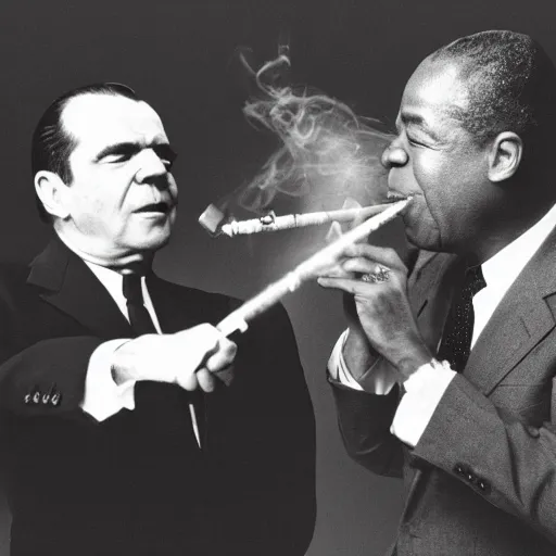 Prompt: richard nixon and louis armstrong smoking marijuana, photography, black and white, 8 k, crisp, highly detailed, high quality, high resolution