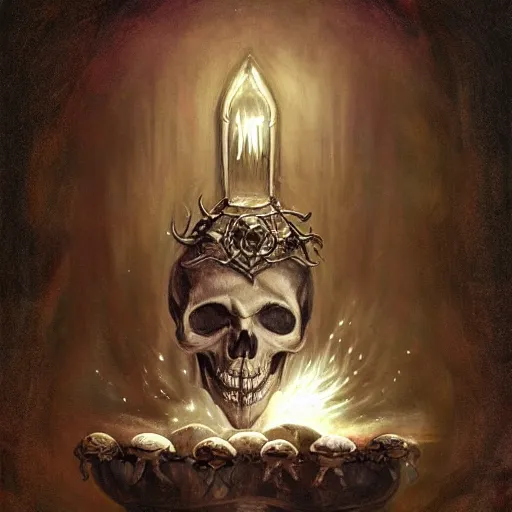 Image similar to black void chalice, longsword, skull, small white mushrooms, light from above, seb mckinnon