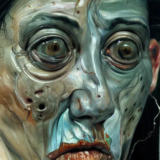 Image similar to high quality high detail painting by lucian freud and jenny saville, hd, horror, unsettling, turquoise