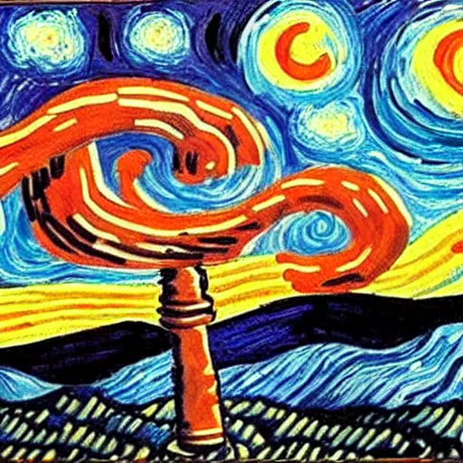 Image similar to painting of an angry stay puft marshmallow man in the style of starry night by vincent van gogh