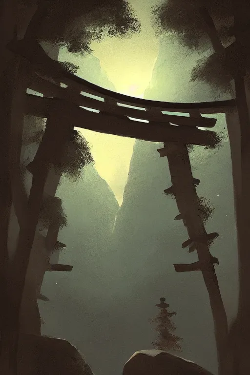 Image similar to Japanese Torii in a moutain ,night , by Grzegorz Rutkowski, concept art