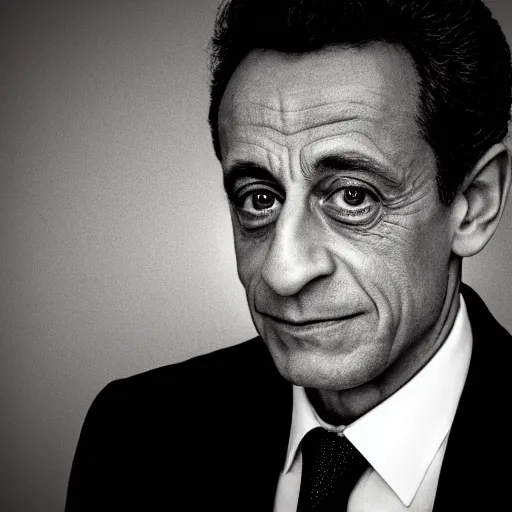 Image similar to security camera image portrait of Nicolas Sarkozy, heavy grain, overexposed flash