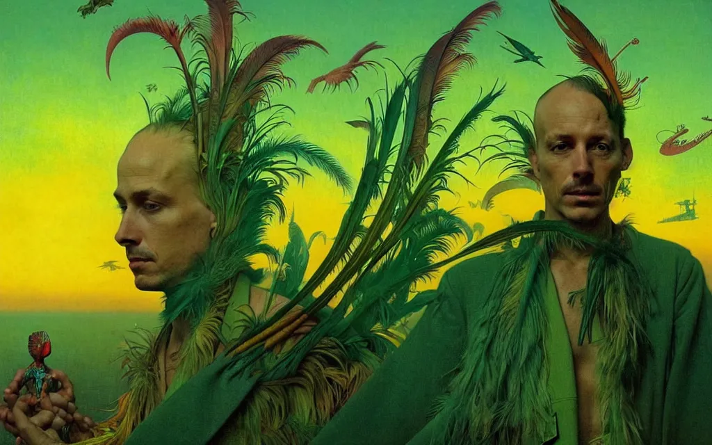 Image similar to realistic detailed portrait movie shot of a birdman wearing green robes, futuristic city sunset landscape background by denis villeneuve, yves tanguy, alphonse mucha, ernst haeckel, max ernst, roger dean, masterpiece, rich moody colours, feathers, ethereal, occult, blue eyes