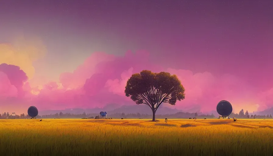 Prompt: colourful sky, wheat field, radio telescope, big trees, matte painting, art station, digital art, simon stalenhag