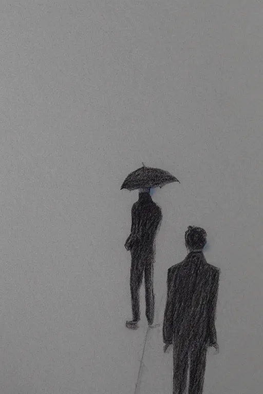 Image similar to a drawn man standing in the rain in a jacket with an umbrella. pencil sketch.