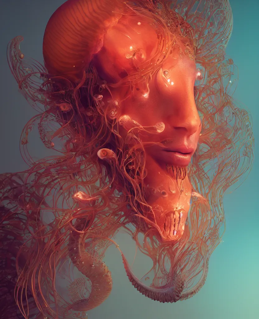 Image similar to goddess close-up face portrait. chimera orchid jellyfish phoenix head, nautilus, skull, betta fish, bioluminiscent creatures, intricate artwork by Tooth Wu and wlop and beeple. octane render, trending on artstation, greg rutkowski very coherent symmetrical artwork. cinematic, hyper realism, high detail, octane render, 8k