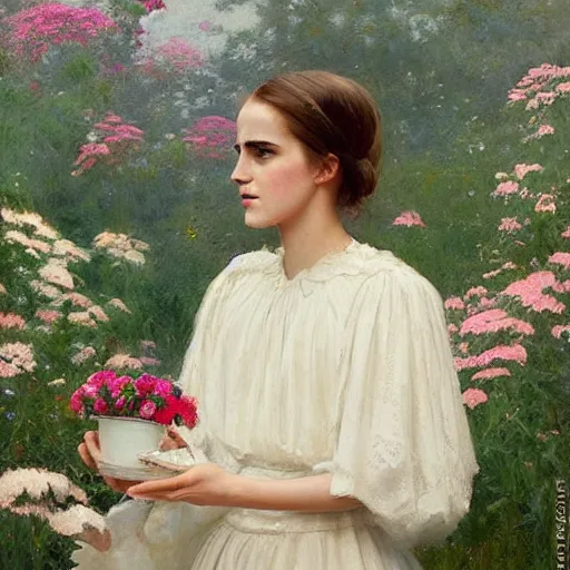 Image similar to full body fashion model emma watson by Jeremy Lipking by Hasui Kawase by Richard Schmid (((smokey eyes makeup eye shadow fantasy, glow, shimmer as victorian woman in a long white frilly lace dress and a large white hat having tea in a sunroom filled with flowers, roses and lush fern flowers ,intricate, night, highly detailed, dramatic lighting))) , high quality