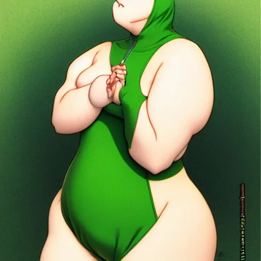 Prompt: masculine slightly overweight chonky pigeon in a green onepiece body suit, by Range Murata and Mucha