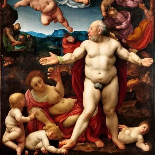 Prompt: Danny Devito as God, renaissance religious art, Michael Angelo inspired