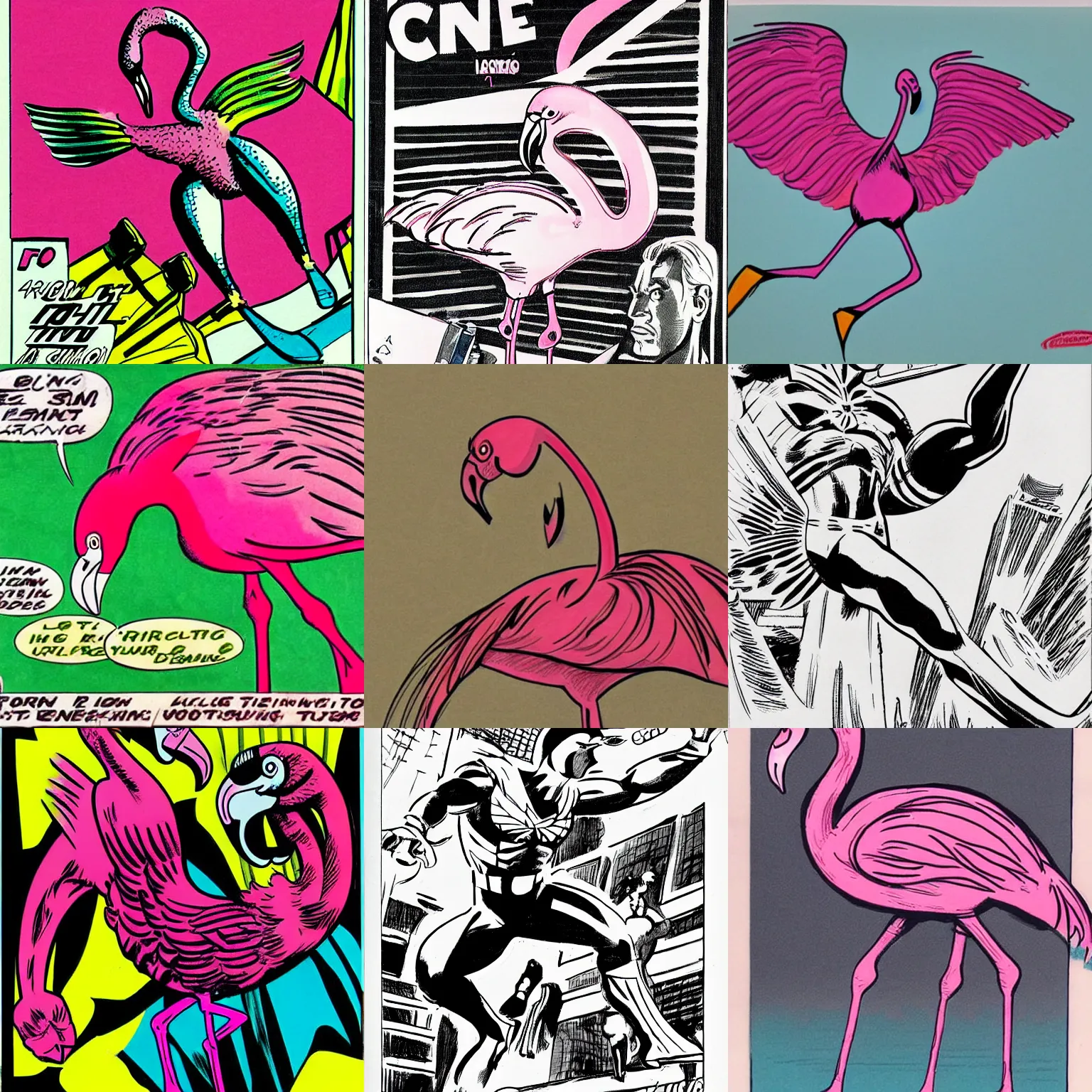 Prompt: a professional comic book drawing of a pink flamingo by jack kirby. detailed, amazing, action pose