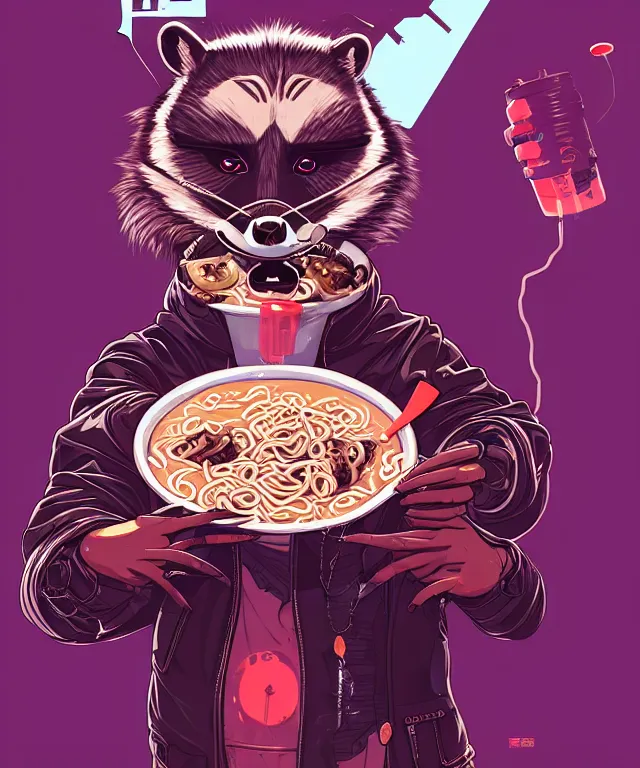 Image similar to a portrait of an anthropomorphic cyberpunk raccoon eating ramen, cyberpunk!, fantasy, elegant, digital painting, artstation, concept art, matte, sharp focus, illustration, art by josan gonzalez