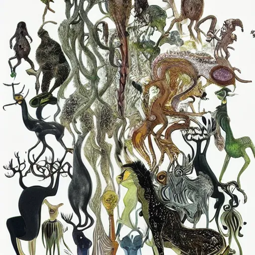 Image similar to A beautiful art installation of a group of creatures that looks like a mix of different animals. Most of the creatures have human-like features, such as arms and legs, and some are standing upright while others are crawling or flying. overhead view by Kay Nielsen soft, organic