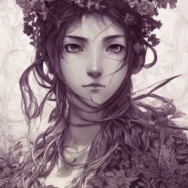 Image similar to the portrait of chaotic good female druid botanist as absurdly beautiful, gorgeous, elegant, young anime girl, an ultrafine hyperdetailed illustration by kim jung gi, irakli nadar, intricate linework, sharp focus, bright colors, octopath traveler, final fantasy, unreal engine 5 highly rendered, global illumination, radiant light, detailed and intricate environment