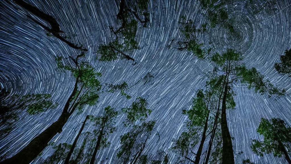 Image similar to You look up at the trees crowning above you. The trunks stretch above you, awesome and cradling. The canopy gyres overhead, the intricacy of the leaf capillaries dazzle. Star trails are visible in the black sky. haunted long exposure night time photography in the style of Andreas Ghersky