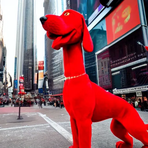 Image similar to Clifford the big red dog photographed in New York City, Times Square avenue barking at random tourists, 4k, detailed