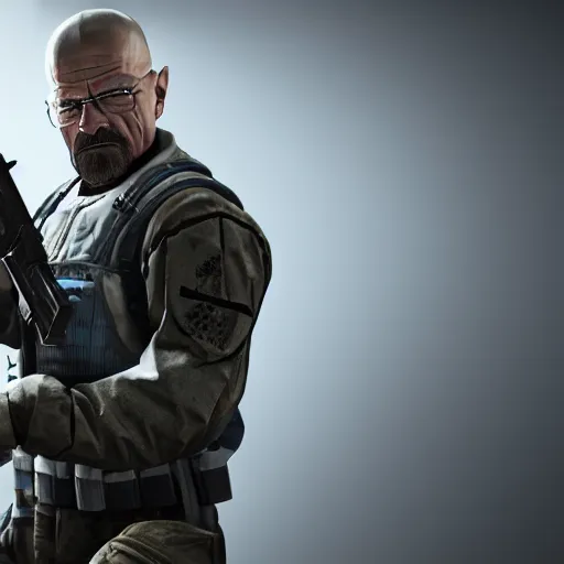 Prompt: walter white holding a machine gun in rainbow six siege, 4 k, highly detailed