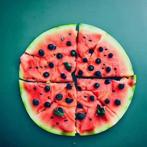 Prompt: close up high resolution photo of a watermelon pizza, very tasty, food photography, instagram, trending