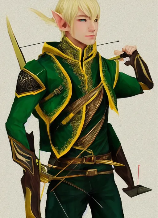 Image similar to Half-body portrait of a handsome blonde elven ranger in green and gold jacket with a crossbow. In style of Hyung-tae Kim, concept art, trending on ArtStation, Korean MMORPG.