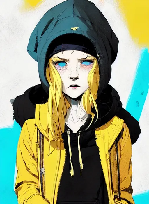 Image similar to highly detailed portrait of a street punk lady student, blue eyes, parka hoodie, hat, white hair by atey ghailan, by greg rutkowski, by greg tocchini, by james gilleard, by joe fenton, by kaethe butcher, gradient yellow, black, brown and cyan blue color scheme, grunge aesthetic!!! ( ( graffiti tag wall background ) )