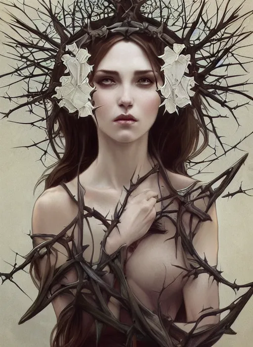 Image similar to beautiful pale gothic maiden with crown of thorns, intricate, elegant, highly detailed, digital painting, artstation, concept art, smooth, sharp focus, illustration, art by artgerm and greg rutkowski and alphonse mucha