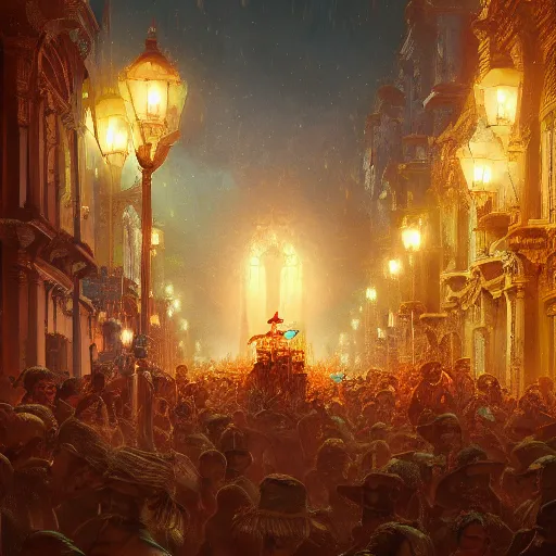 Image similar to carnaval de barranquilla, comprehensive art, thorough details, intricate, artstation, atmosphere, highly detailed, symmetrical, craig mullins, cinematic, digital painting, deviantart, cinematic lighting, 4 k