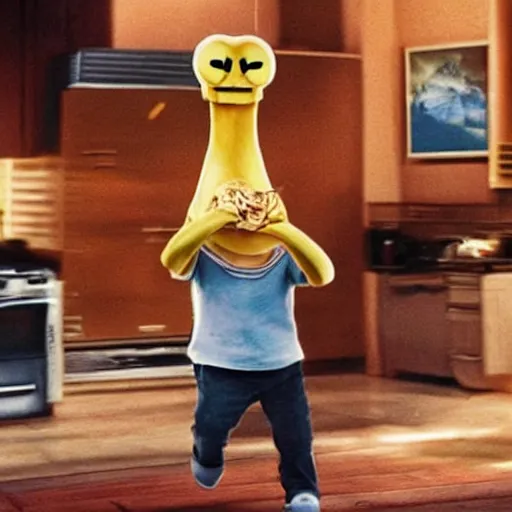 Prompt: an evil toaster with tiny legs and arms carries a banana while leaping to the kitchen table in a thrilling chase scene from a movie starring keanu reeves, cinematic, realistic