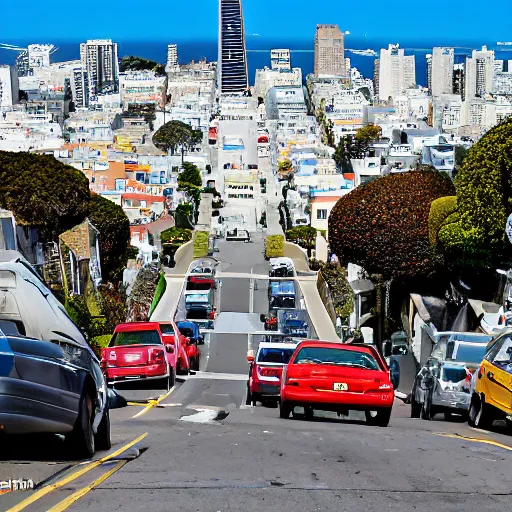 Prompt: Lombard Street is an east–west street in San Francisco, California that is famous for a steep, one-block section with eight hairpin turns. Stretching from The Presidio east to The Embarcadero (with a gap on Telegraph Hill), most of the street's western segment is a major thoroughfare designated as part of U.S. Route 101. The famous one-block section, claimed to be the crookedest street in the world, is located along the eastern segment in the Russian Hill neighborhood. It is a major tourist attraction, receiving around two million visitors per year and up to 17,000 per day on busy summer weekend