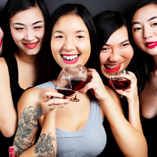 Image similar to large group of young eurasian women, tattoos, laughing, drinking wine, taken in photo studio, photorealistic, 8k,