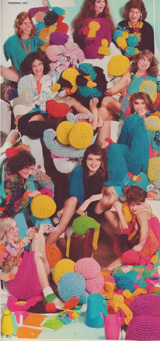 Prompt: multicolored crocheted party, 1 9 8 0 s catalogue photo