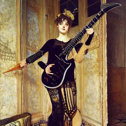 Image similar to Goth girl playing electric guitar by Mario Testino, oil painting by Lawrence Alma-Tadema, masterpiece