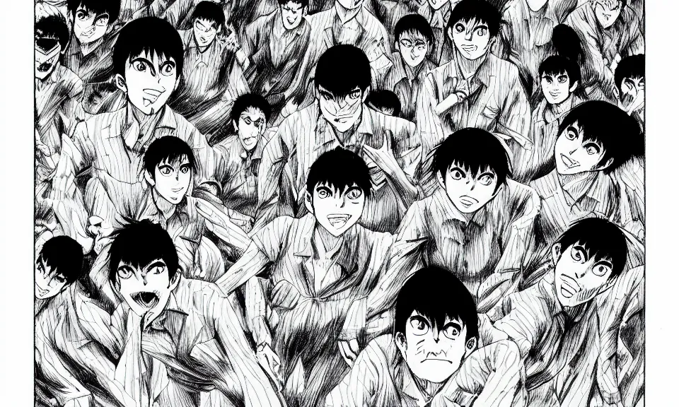 Image similar to a manga drawing of a group of people forming a cave with their bodies by Junji Ito