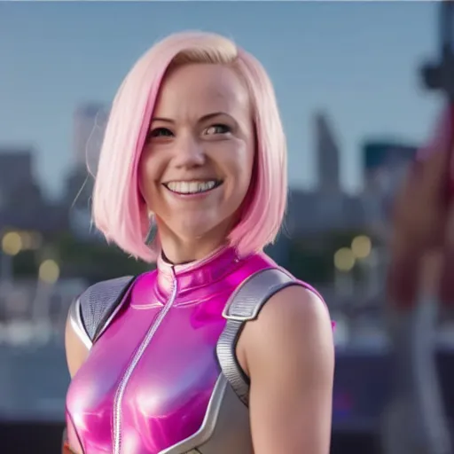 Image similar to A still of Gwenpool in Deadpool 3 (2023), blonde hair with pink highlights, no mask, white and light-pink outfit, smiling and winking at the camera