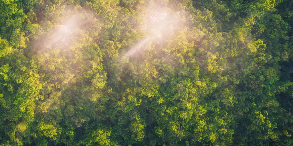 Prompt: view of sunlit rainforest treetops with flying birds, photograph, 4 k