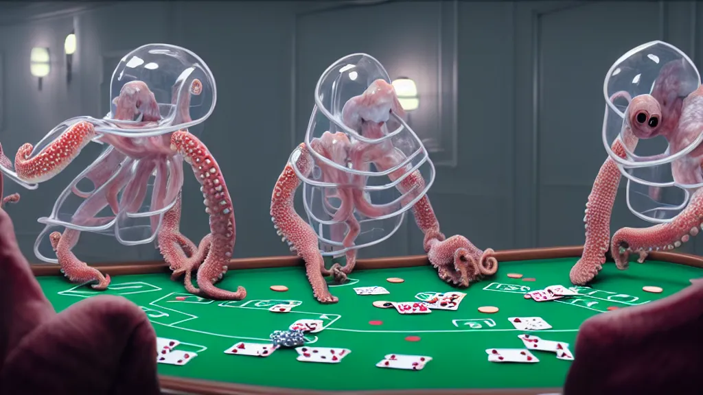 Prompt: hyperrealism simulation highly detailed human octopuses'wearing transparent jackets, playing poker in surreal scene from art house movie from future by wes anderson and denis villeneuve rendered in blender and octane render