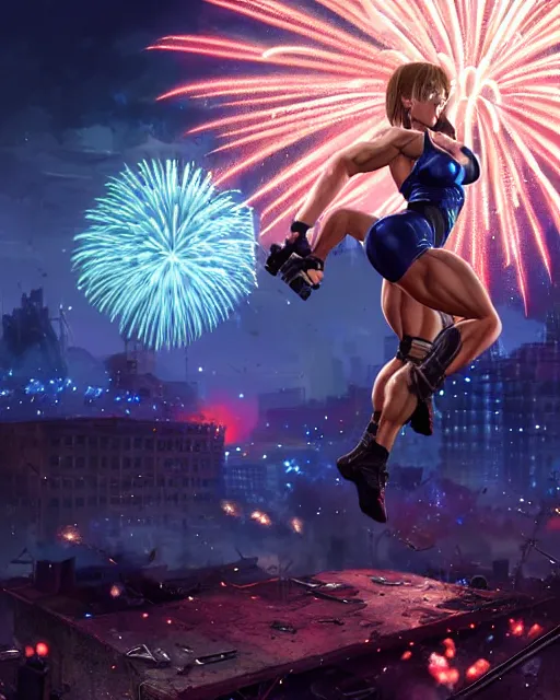 Image similar to gigachad jill valentine bodybuilder jumping in front of a fireworks show fighting in racoon city, fantasy character portrait, ultra realistic, anime key visual, full body concept art, intricate details, highly detailed by greg rutkowski, ilya kuvshinov, gaston bussiere, craig mullins, simon bisley