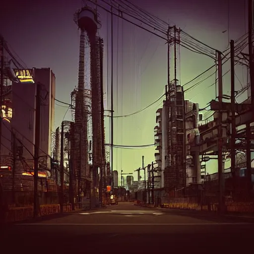 Image similar to “establishing shot focused on the bustling industrial complex at the base of an isolated tower in Neo-Tokyo. Taller than any other building nearby. 2077 Akira. Photo taken in the style of Denis Villeneuve 8k”