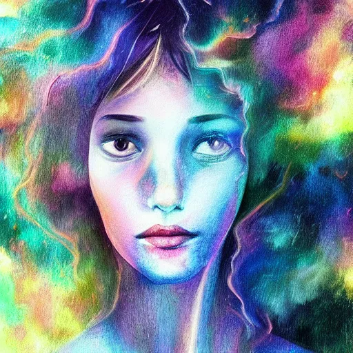 Image similar to beautiful detailed artistic portrait of a person travelling between different astral planes. grainy and rough. fine detail. soft colour scheme. artistic painting by lurid ( 2 0 2 2 ). featured on deviantart.