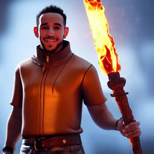 Prompt: Lewis Hamilton wearing a leather barbarian tunic holding a glowing fire magical staff. Trending on Artstation, octane render, ultra detailed, art by Ross tran