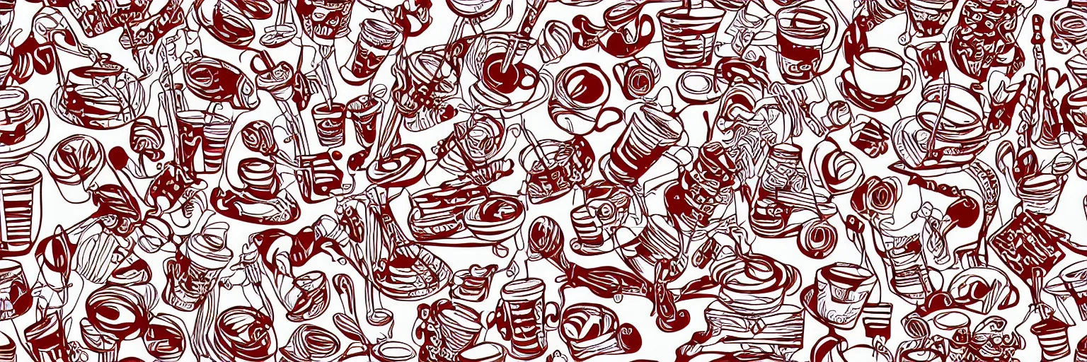 Image similar to seamless pattern, coffee and musical instrument, vector, line art, red and white,