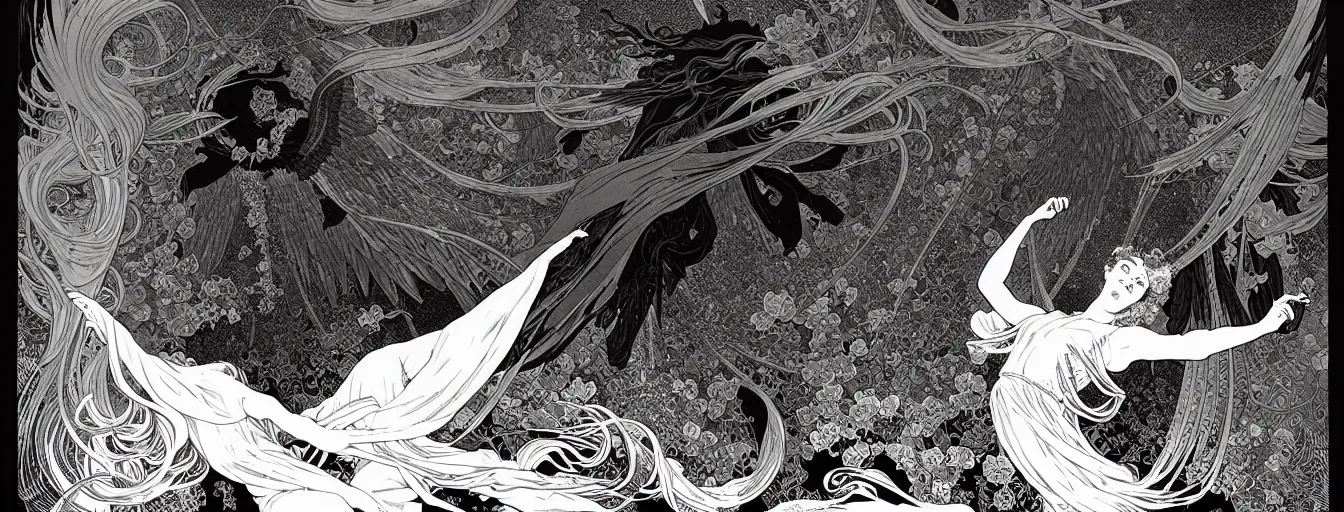 Image similar to fallen angel domain by nicolas delort, alphonse mucha, victo ngai, josan gonzalez, kilian eng