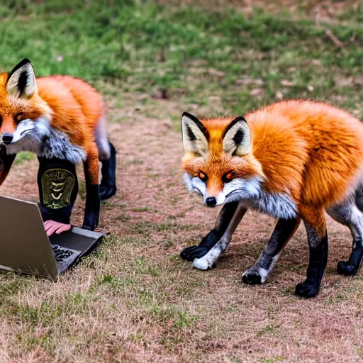 Image similar to a group of fox animals dressed in modern american military soldier uniforms, foxes laughing at a computer, 8 5 mm f / 1. 4