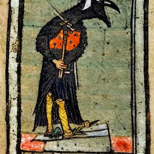 Prompt: bad drawed mix between a crow and a mage king in a medieval manuscript, medieval manuscript, golden miniatures