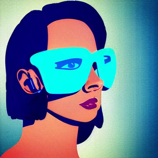 Image similar to a woman with light blue shutter shades in front of a sunset, a dark brown leather jacket, one side brown haircut with blue ends, vector art by jan tengnagel, pixabay contest winner, retrofuturism, retrowave, synthwave, outrun, portrait,