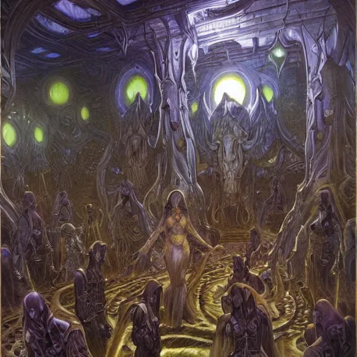 Prompt: The void cultists lair, fantasy art by Donato Giancola and James Gurney, digital art, trending on artstation