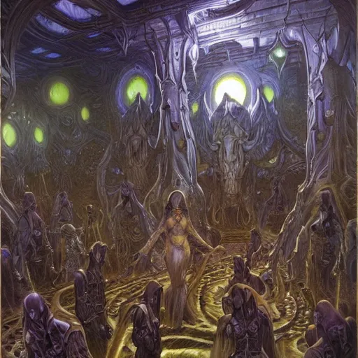 Image similar to The void cultists lair, fantasy art by Donato Giancola and James Gurney, digital art, trending on artstation