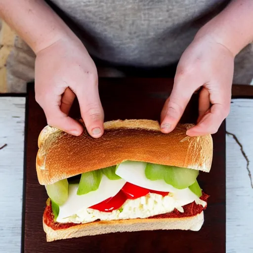 Prompt: holding a sandwich in an upside down way