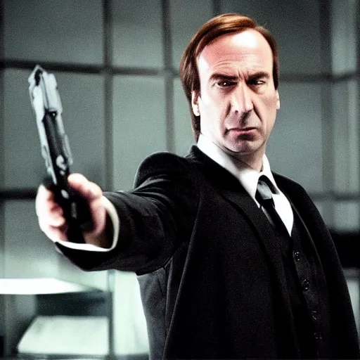 Prompt: Saul Goodman playing as Neo in the Matrix fighting Smith