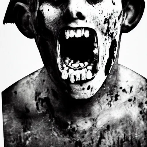 Image similar to uncanny disturbing black and white photo of patrick batemen with sharp teeth and half of his face missing revealing a bloody skull, missing poster, gory, bloody, scary, realistic