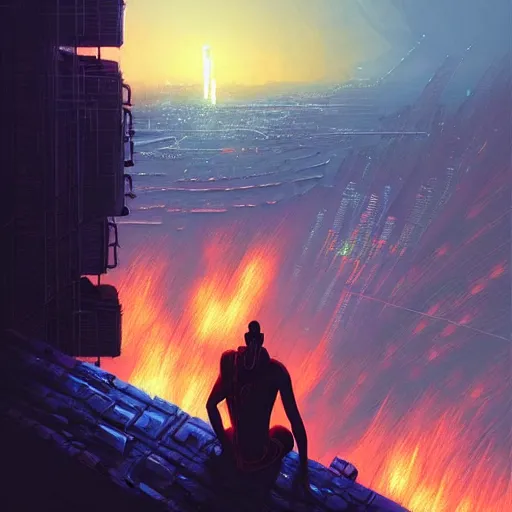 Image similar to a cyberpunk zulu warrior sitting on a cliff watching an enormous city burn!!! from a distance at night, fire!!, by alena aenami and android jones and greg rutkowski, Trending on artstation, hyperrealism, elegant, stylized, highly detailed digital art, 8k resolution, hd, global illumination, radiant light, detailed and intricate cyberpunk ghetto environment, rendered in octane, post processed, wide angle, dynamic portrait