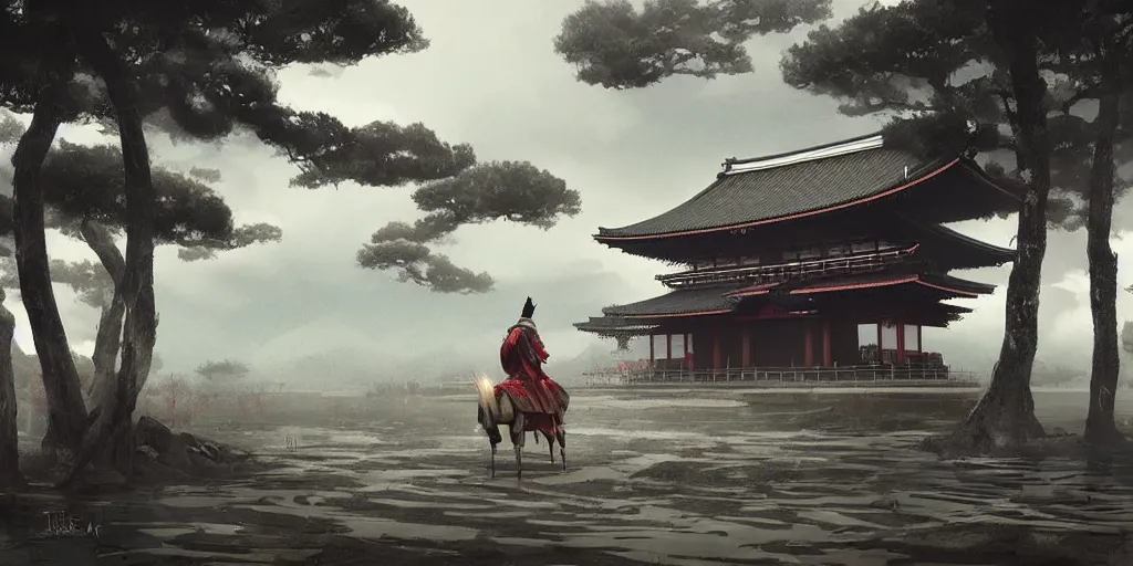 Prompt: a beautiful japanese temple, samurai riding horse, a fantasy digital painting by greg rutkowski